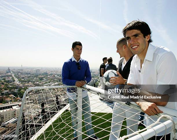 Kaka , Cristiano Ronaldo and Karim Benzema of Real Madrid poses during a interview at Torre Europa on September 29, 2009 in Madrid, Spain. .