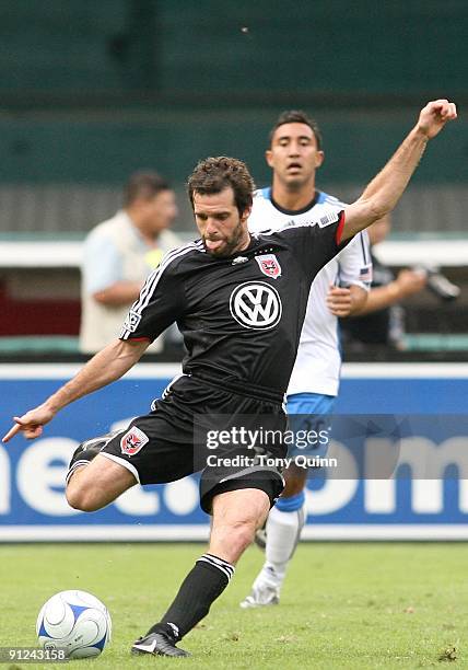 Ben Olsen of D.C. United winds up for a shot during an MLS match at RFK Stadium against the San Jose Earthquakes on September 27, 2009 in Washington,...