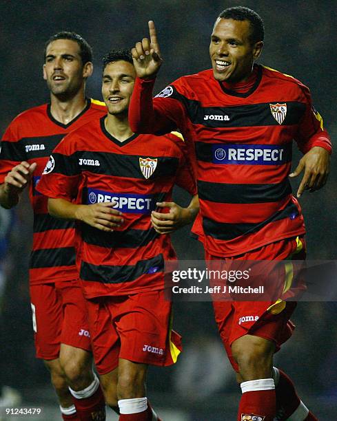 Luis Fabiano of Sevilla celebrates during the UEFA Champions League Group G match between Rangers and Sevilla at Ibrox Stadium on September 29, 2009...