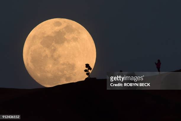 Person poses for a photo as the moon rises over Griffith Park in Los Angeles, California, on January 30, 2018. - Many parts of the globe may catch a...