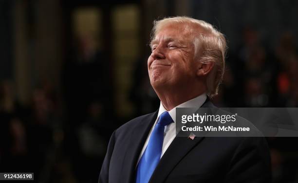 President Donald J. Trump smiles during the State of the Union address in the chamber of the U.S. House of Representatives January 30, 2018 in...