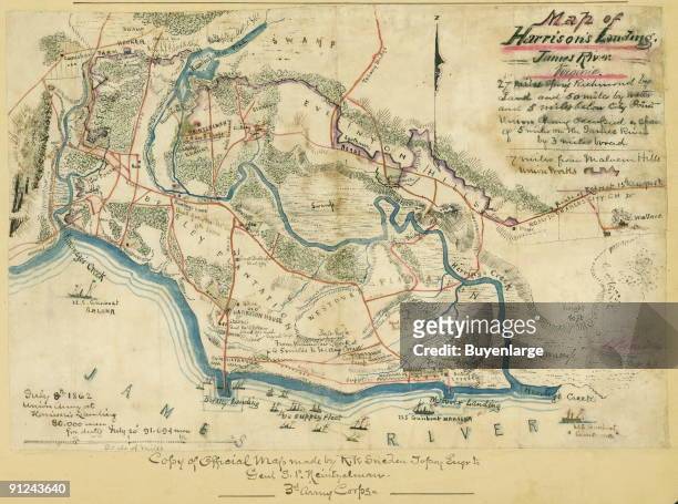 Locations along the James River of the camps of the U.S. Army of the Potomac after the Seven Days' Battles, 25 June-1 July 1862. Also shows locations...