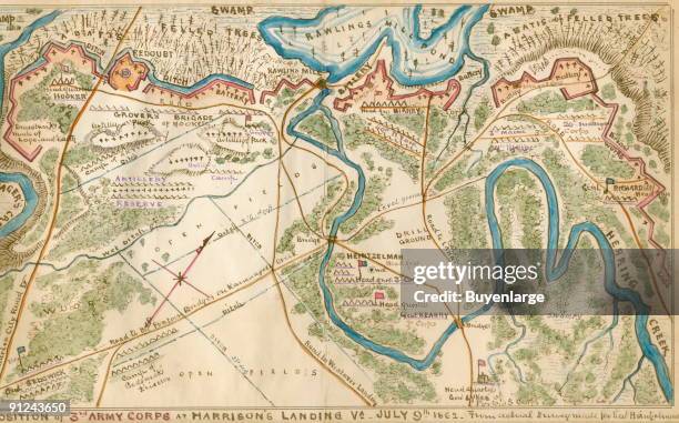 Union Army positions around Harrison's Landing in Charles City County, Va. On July 9th with details of the terrain and locations of headquarters for...