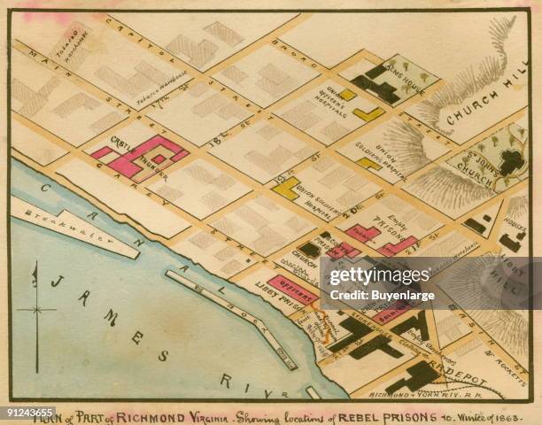 Shows the streets of Richmond below Church Hill from the Canal to Broad Street and from 17th to 21st streets, including Castle Thunder and Libby...