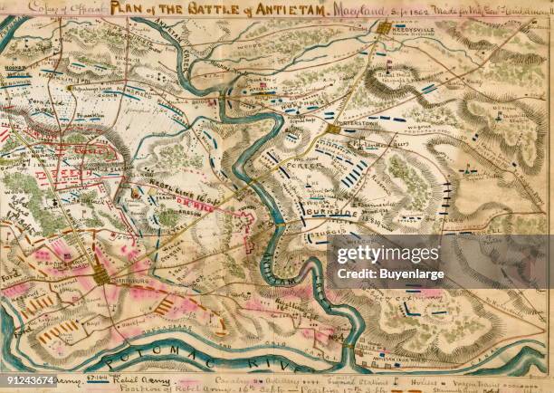 Location of troops stationed around Sharpsburg, Md. The locations of Antietam Creek and the Potomac River are also indicated. Bloodiest Battle in...