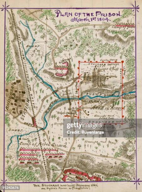 Map shows the plan of Andersonville Prison Camp including the stockade, the town of Anderson Station on the Macon and Americus Rail Road, the...