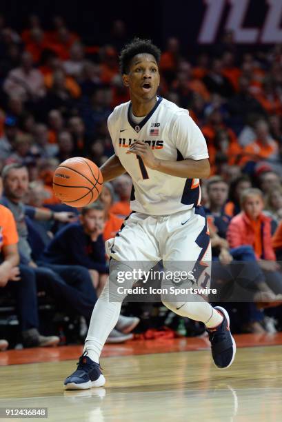 Illinois Fighting Illini Guard Trent Frazier pulls up to shoot a three point shot during the Big Ten Conference college basketball game between the...