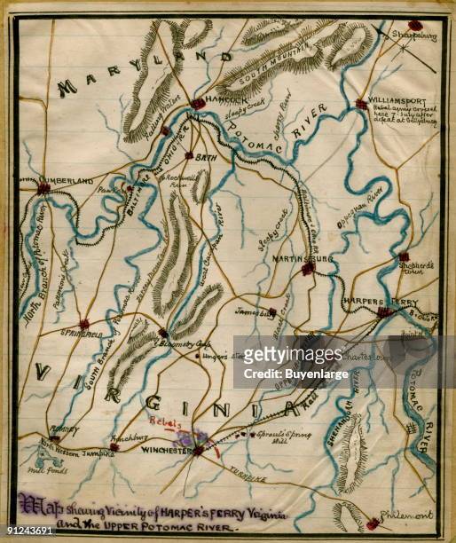 Maryland and Virginia between the towns of Cumberland, Md. On the west and Harpers Ferry, Va. [now W.Va.], on the eastern side of the map. Sneden...