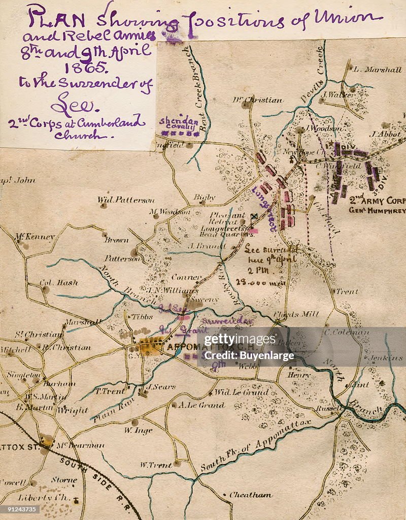 Plan showing positions of Union and Rebel armies 8th and 9th April 1865, to the surrender of Lee : 2nd Corps at Cumberland Church.