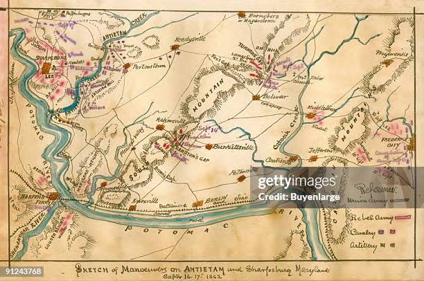 Area from Harper's Ferry, W. Va. West to Frederick, Md. And the position of Confederate forces under R. E. Lee and Union forces under McClellan. The...