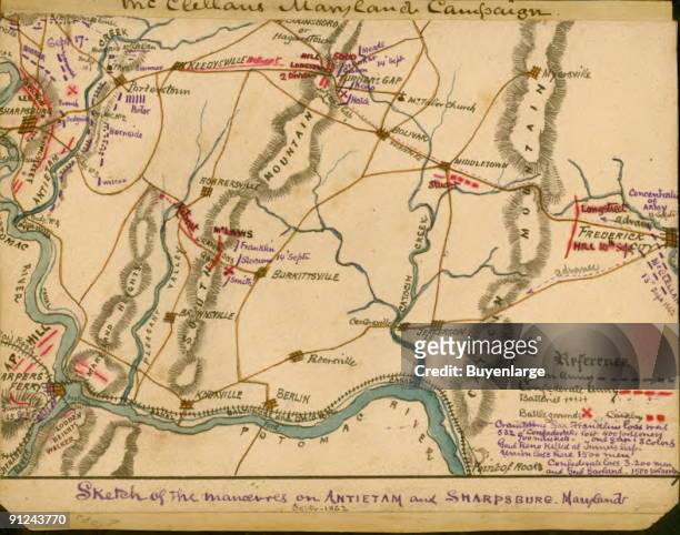 Area from Sharpsburg east to Frederick, Md. And the positions of Lee's Confederate army as it faced McClellan's forces. The map also shows Hagerstown...