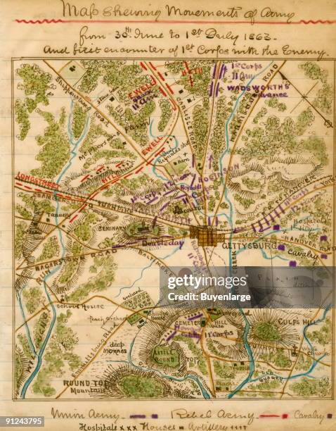 General terrain and disposition of troops around Gettysburg, Pa. As well the fighting northwest of town between the Union's I Corps, under Major...