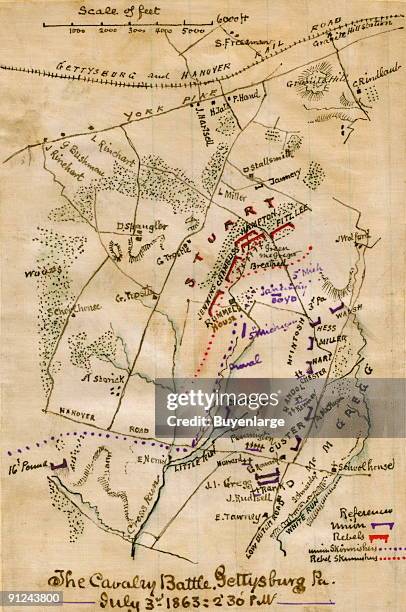 The cavalry action took place approximately two miles to the east of the town of Gettysburg. This map shows the Confederate cavalry, under Stuart,...