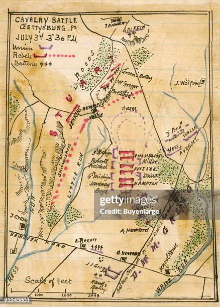 Detail the cavalry battle east of the town of Gettysburg with the action depicted as happening at 3:30 p.m. Also includes pairings of Union and...