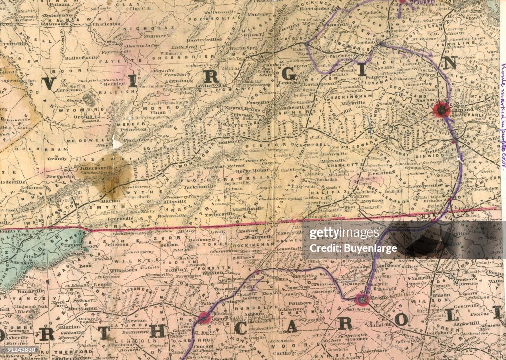 Map of Mosby's route through Virginia and North Carolina