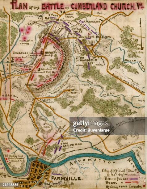 Location of Confederate Gen. R. E. Lee's troops at Cumberland Church and Union Gen. U. S. Grant's troops south near Farmville, Va. Along the...