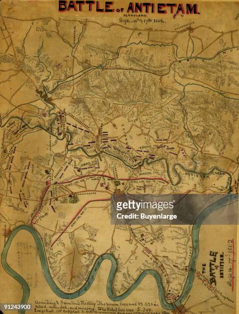 Detail from a printed map, Sneden shows the movement of the Lee's Confederate line at the battle of Antietam. On September 16 the Confederates are...