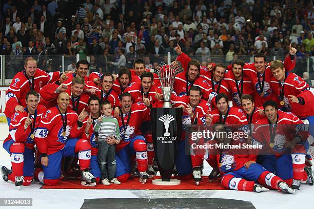 The Zurich team celebrate with the Victoria Cup after their 2-1 victory during the ZSC Lions Zurich v Chicago Blackhawks Victoria Cup match at the...