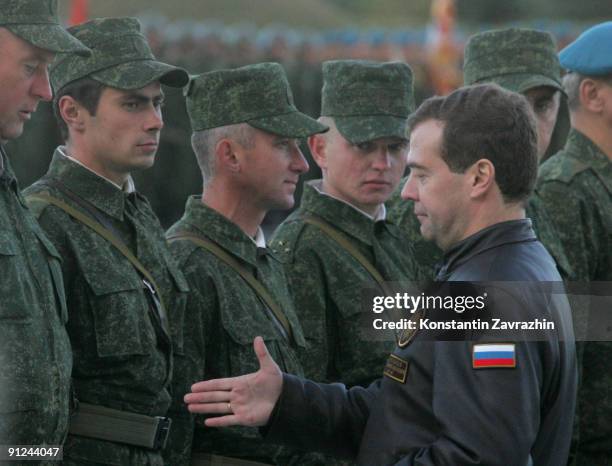 Russian President Dmitry Medvedev greets officers after combined military exercises on September 29, 2009 near Baranovichi, Belarus. The West-2009...