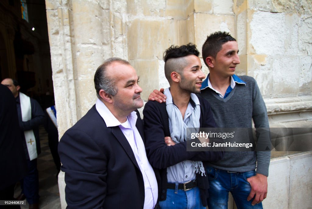 Scicli (Ragusa Province), Sicily: Portrait Three Men Outside Church