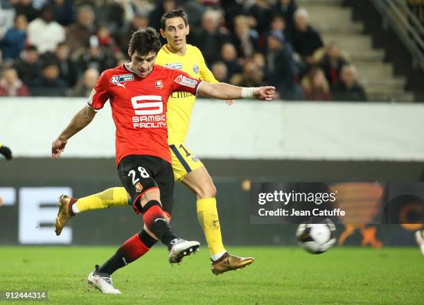 Yoann Gourcuff of Stade Rennais, Angel Di Maria of PSG during the French League Cup match between Stade Rennais and Paris Saint Germain at Roazhon...