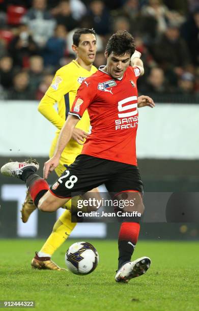 Yoann Gourcuff of Stade Rennais, Angel Di Maria of PSG during the French League Cup match between Stade Rennais and Paris Saint Germain at Roazhon...