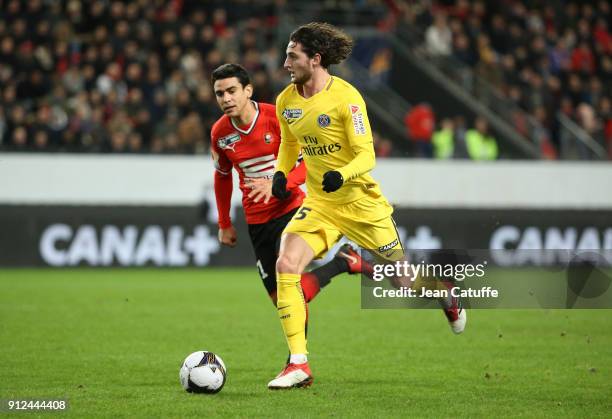 Adrien Rabiot of PSG, Benjamin Andre of Stade Rennais during the French League Cup match between Stade Rennais and Paris Saint Germain at Roazhon...