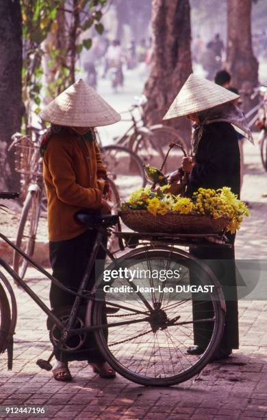 Vendeuses de fleurs a velo a Hanoi, Viet Nam.