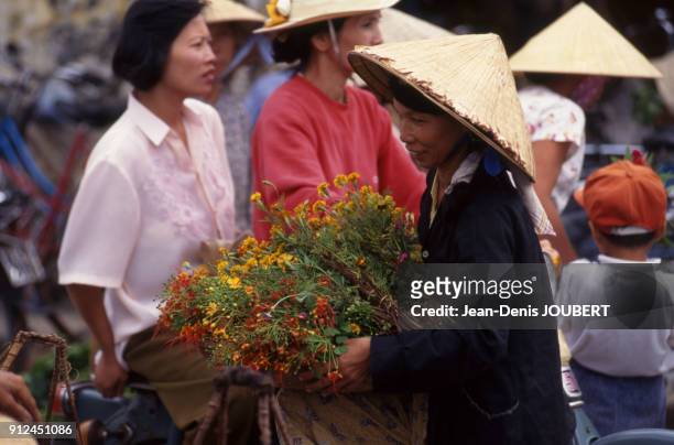 Vente de fleurs sur le marche de Hoi An, Viet Nam.