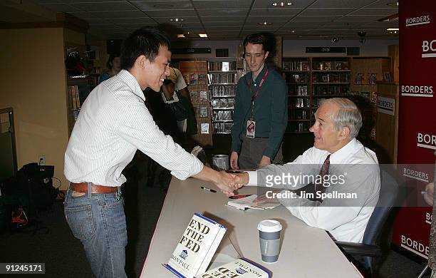 Rep. Ron Paul promotes his book "End The Fed" at Borders Wall Street on September 29, 2009 in New York City.
