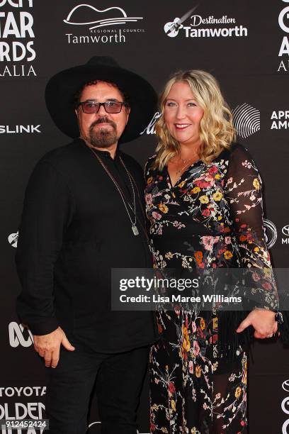 Singer Andrew Farriss and wife Marlina Neeley-Farriss arrives for the 2018 Toyota Golden Guitar Awards on January 27, 2018 in Tamworth, Australia.