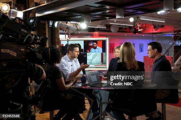 State of the Union Watch Party 2018" -- Pictured: Eli Stokols, Elise Jordan, Steve Kornacki --