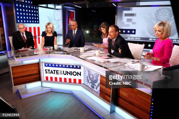 News 2018 State of the Union Coverage" -- Pictured: Tom Brokaw, Megyn Kelly, Lester Holt, Savannah Guthrie, Chuck Todd, Andrea Mitchell --