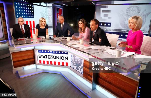 News 2018 State of the Union Coverage" -- Pictured: Tom Brokaw, Megyn Kelly, Lester Holt, Savannah Guthrie, Chuck Todd, Andrea Mitchell --