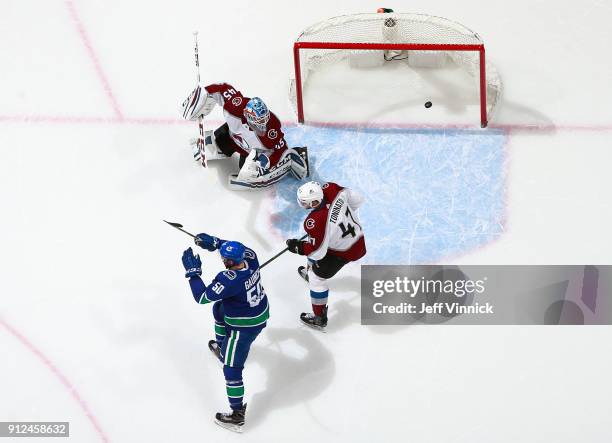 Dominic Toninato of the Colorado Avalanche looks on as Brendan Gaunce of the Vancouver Canucks celebrates after Vancouver goal during their NHL game...