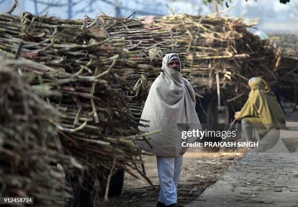 An Indian farmer waits outside a sugar mill to sell sugarcane crop in Modinagar in Ghaziabad, some 45km east of New Delhi, on January 31, 2018. The...