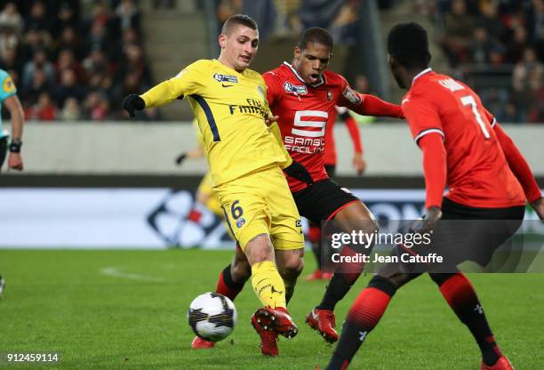 Marco Verratti of PSG, Ludovic Baal of Stade Rennais during the French League Cup match between Stade Rennais and Paris Saint Germain at Roazhon Park...