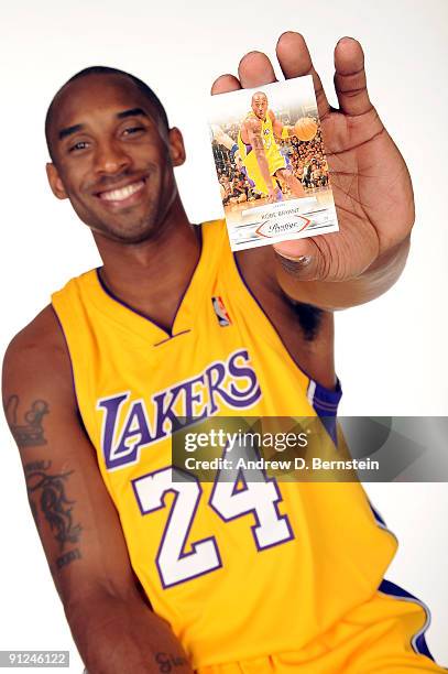 Kobe Bryant of the Los Angeles Lakers poses for a portrait as a spokesperson for Panini trading cards during 2009 NBA Media Day on September 29, 2009...