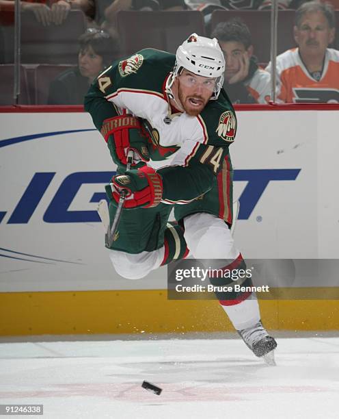 Martin Havlat of the Minnesota Wild shoots the puck against the Philadelphia Flyers at the Wachovia Center on September 29, 2009 in Philadelphia,...