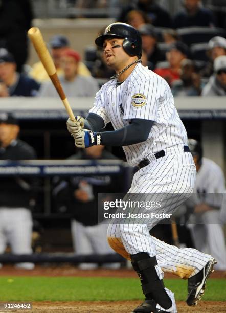 Nick Swisher of the New York Yankees bats during the game agains the Boston Red Sox at Yankee Stadium in the Bronx, New York on Saturday, September...