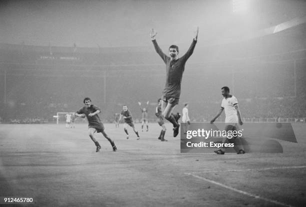 Manchester United's Brian Kidd celebrates after scoring the 3rd goal with a header, on his 19th birthday, at the European Cup Final at Wembley...