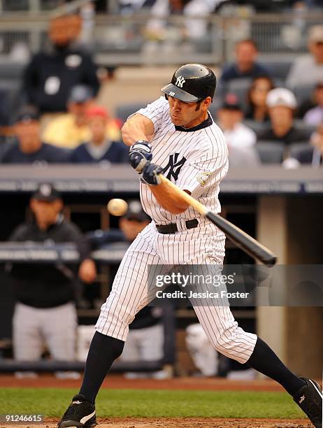 Johnny Damon of the New York Yankees bats during game agains the Boston Red Sox at Yankee Stadium in the Bronx, New York on Saturday, September 26,...