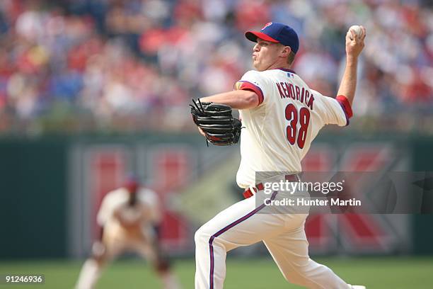 Relief pitcher Kyle Kendrick of the Philadelphia Phillies throws a pitch during a game against the Florida Marlins at Citizens Bank Park on August 9,...