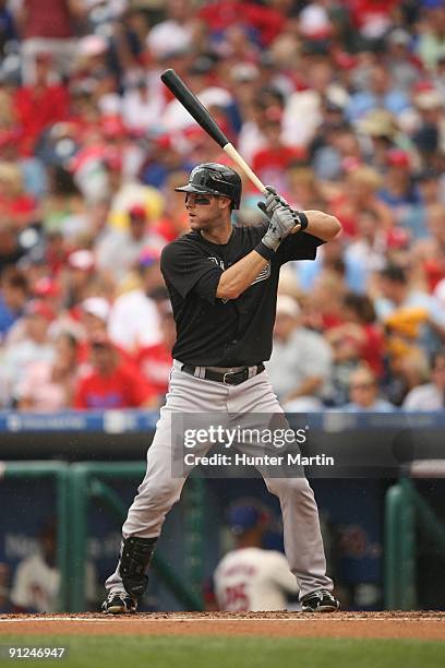 Right fielder Jeremy Hermida of the Florida Marlins stands at the plate during a game against the Philadelphia Phillies at Citizens Bank Park on...