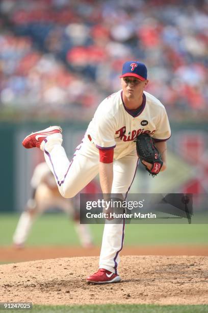 Relief pitcher Kyle Kendrick of the Philadelphia Phillies throws a pitch during a game against the Florida Marlins at Citizens Bank Park on August 9,...