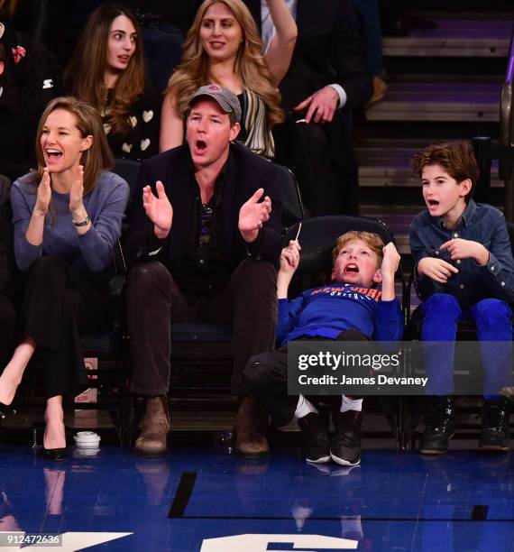 Ed Burns and Finn Burns attend the New York Knicks vs Brooklyn Nets game at Madison Square Garden on January 30, 2018 in New York City.