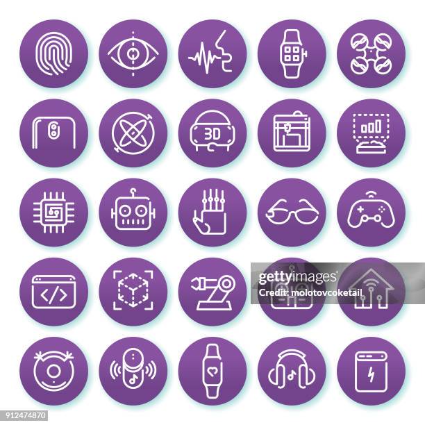 technologie minimalistische linie iconset auf einem runden lila hintergrund-set 1 - gyroscope stock-grafiken, -clipart, -cartoons und -symbole