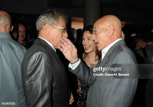 Sir Ian McKellen, Sunny Ozell and Patrick Stewart attend the afterparty following the press night of 'Breakfast At Tiffany's', at the Haymarket Hotel...