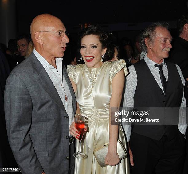 Patrick Stewart and Anna Friel with her father Des Friel attend the afterparty following the press night of 'Breakfast At Tiffany's', at the...