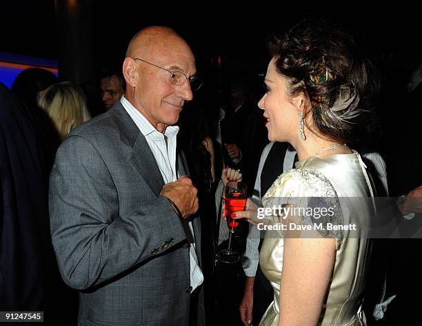 Patrick Stewart and Anna Friel attend the afterparty following the press night of 'Breakfast At Tiffany's', at the Haymarket Hotel on September 29,...